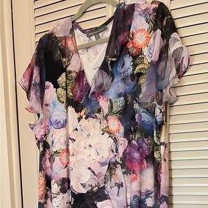 Floral Hi-low Dress with Middle Ruffle and Butterfly Sleeve